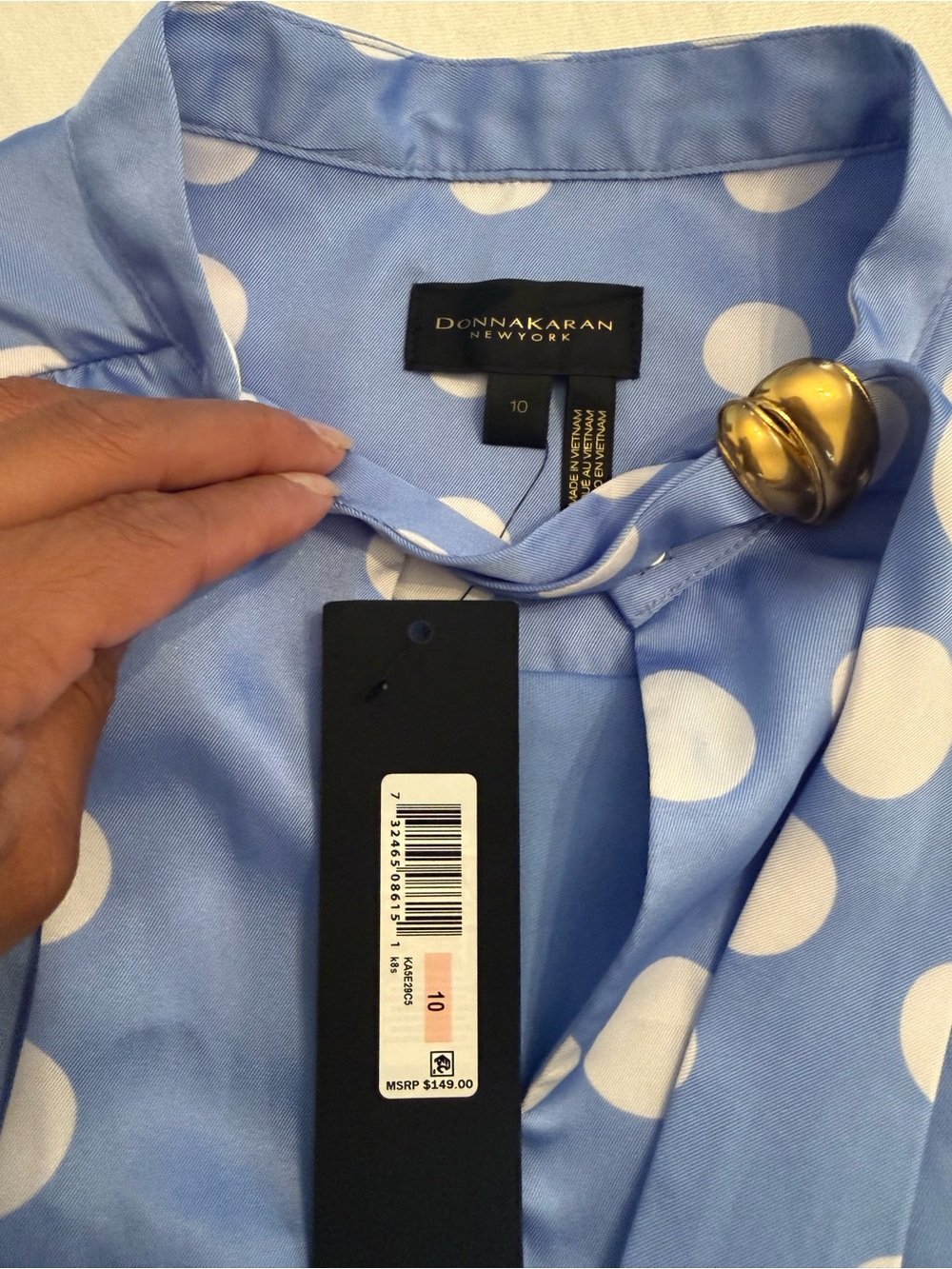 Donna Karan blue SATIN POLKA-DOT TIE-NECK MIDI DRESS - Picture 7 of 12